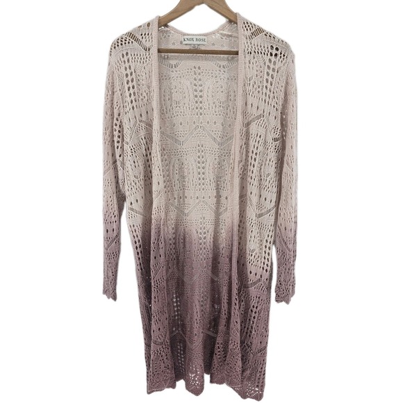 Knox Rose Womens Open Knit Crochet Duster Cardigan Sweater Pink Ombre Medium - Picture 1 of 5